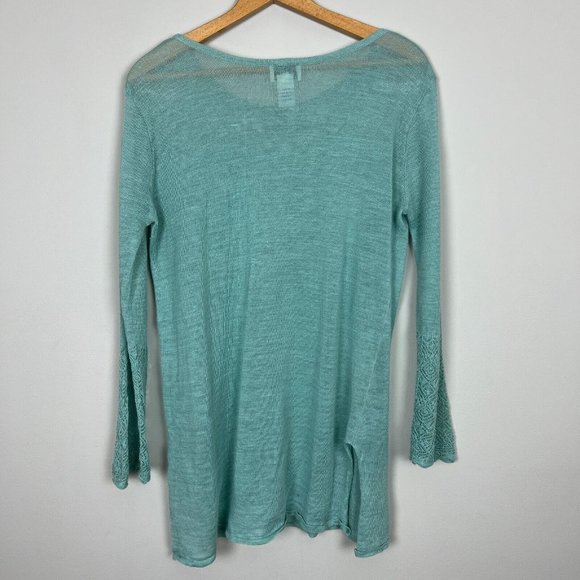 Citron Santa Monica Tunic Top Large Seafoam Green Knit Long Bell Sleeve Crochet‎ - Picture 6 of 13